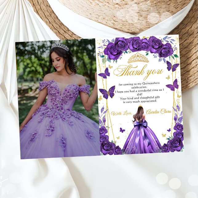 Quinceañera Purple Floral Princess Butterflies Thank You Card (Creator Uploaded)