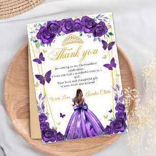 Quinceañera Purple Floral Princess Butterflies Thank You Card