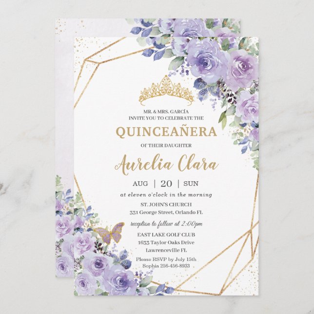 Quinceañera Purple Floral Princess Crown Butterfly Invitation (Front/Back)