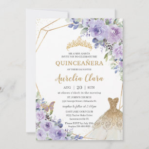 Quinceañera Purple Floral Princess Gold Gown Tiara Invitation