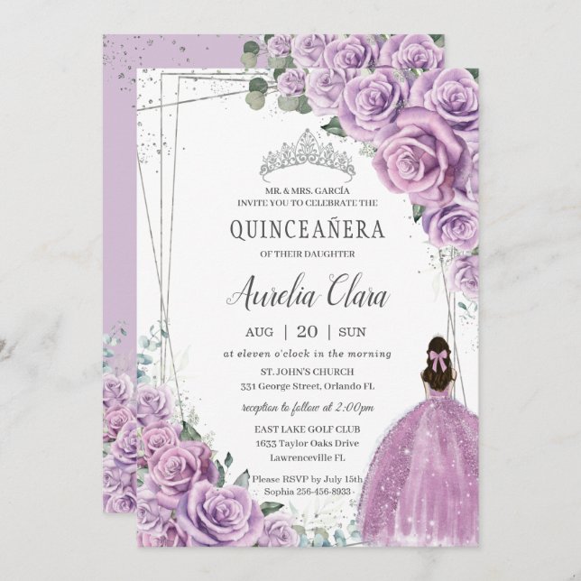 Quinceañera Purple Floral Princess Silver Birthday Invitation (Front/Back)