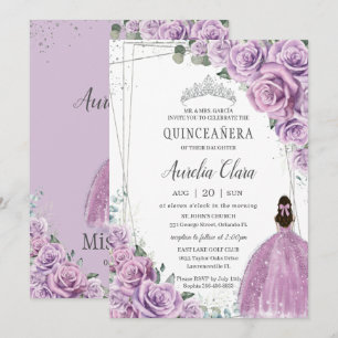Quinceañera Purple Floral Princess Silver Birthday Invitation