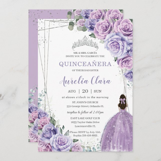 Quinceañera Purple Floral Princess Silver Birthday Invitation (Front/Back)