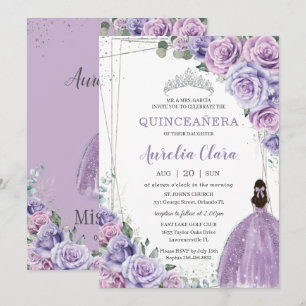 Quinceañera Purple Floral Princess Silver Birthday Invitation