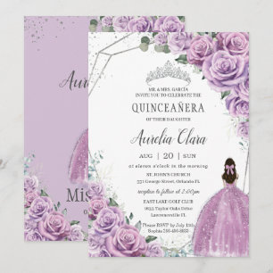 Quinceañera Purple Floral Princess Silver Birthday Invitation