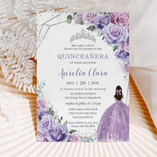 Quinceañera Purple Floral Princess Silver Birthday Invitation