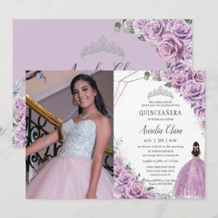 Quinceañera Purple Floral Princess Silver Birthday Invitation