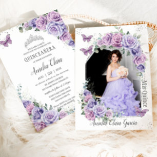 Quinceañera Purple Floral Roses Butterflies Photo Invitation