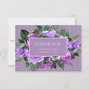 Quinceañera Purple Floral Silver Glitter Thank You Card