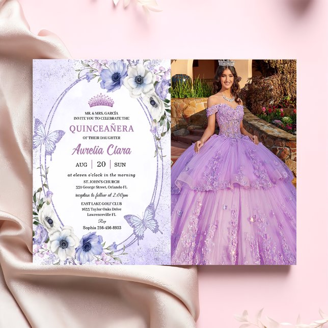 Quinceañera Purple Floral Tiara Butterflies Photo Invitation (Creator Uploaded)