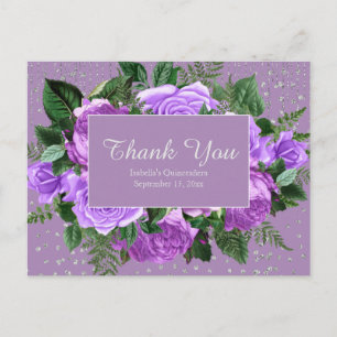 Quinceañera Purple FlowersThank You Silver Glitter Postcard