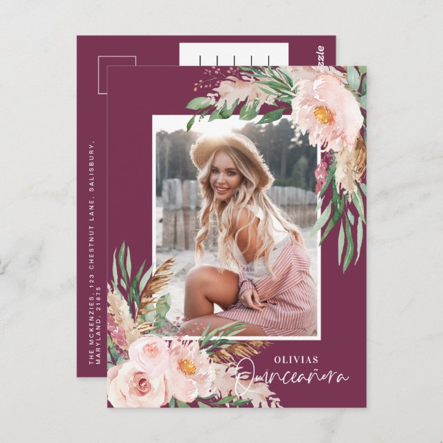 Quinceañera purple girly floral photo birthday postcard (Front/Back)