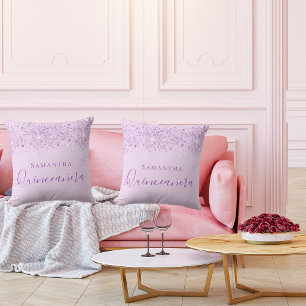 Quinceanera purple glitter drops monogram cushion