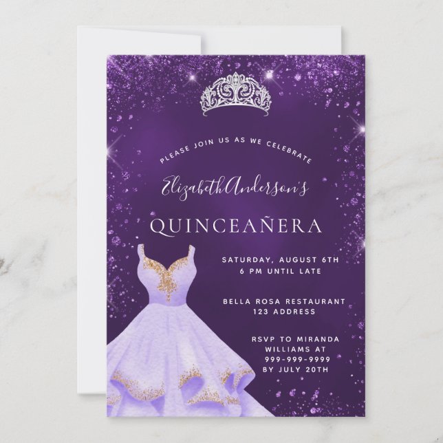 Quinceanera purple glitter dust dress tiara invitation (Front)