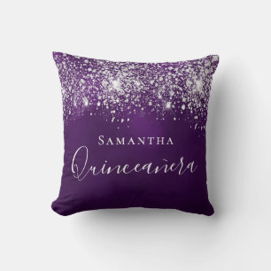 Quinceanera purple glitter dust silver monogram cushion