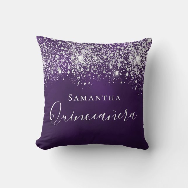 Quinceanera purple glitter dust silver monogram cushion (Front)