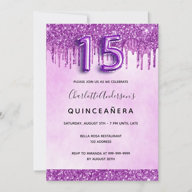 Quinceanera purple glitter pink elegant invitation (Front)