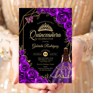Quinceanera Purple Gold Butterfly Dress Floral Invitation