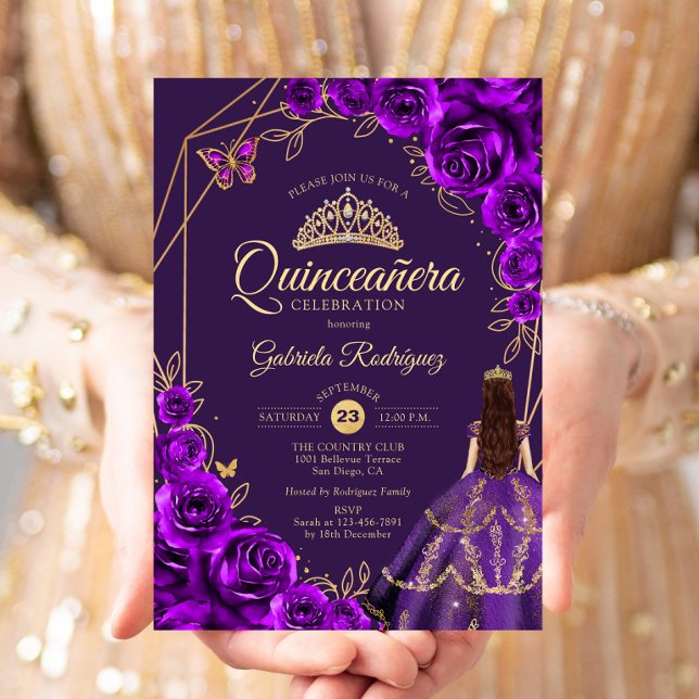 Quinceanera Purple Gold Dress Floral Invitation (Creator Uploaded)
