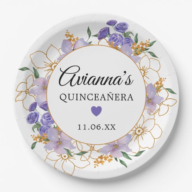 Quinceanera Purple Gold Floral Party Paper Plate (Front)