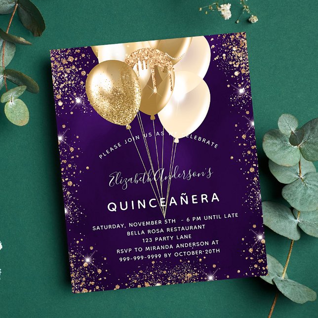 Quinceanera purple gold glitter balloons budget flyer (Creator Uploaded)