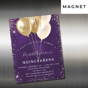 Quinceanera purple gold glitter balloons luxury magnetic invitation