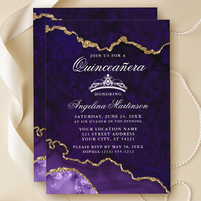Quinceanera Purple Gold Marble Agate Geode Invitation (Customize to add text or photos to back of card.)