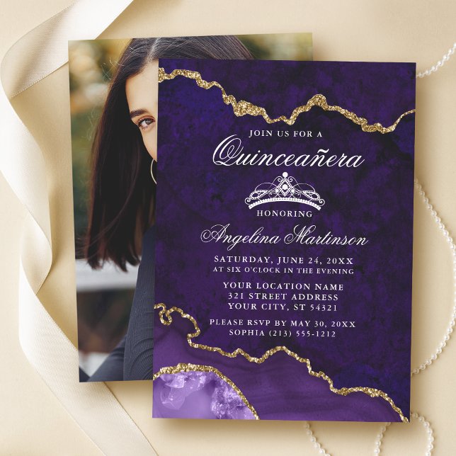 Quinceanera Purple Gold Marble Agate Geode Photo Invitation (Customize to change text size or text style.)