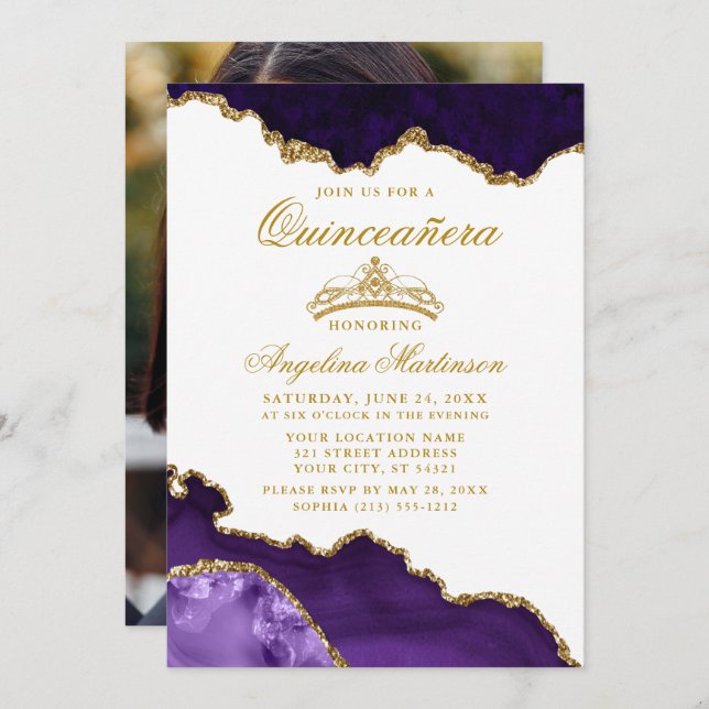 Quinceanera Purple Gold Marble Crown Photo Invitation (Front/Back)