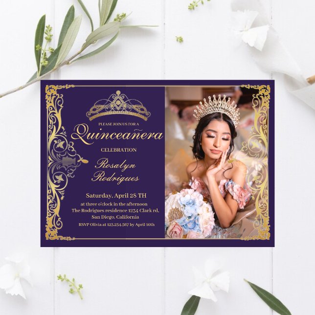 Quinceanera Purple Gold Quinceanera with photo Invitation (Creator Uploaded)