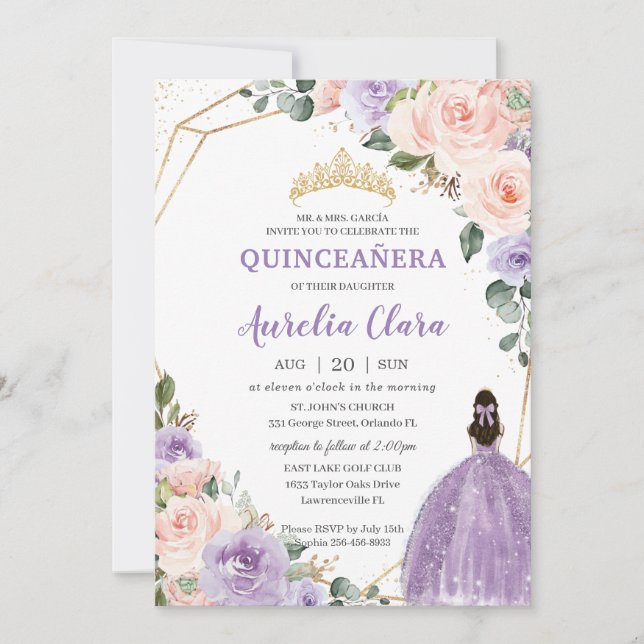 Quinceañera Purple Lavender Blush Floral Gold Invitation (Front)