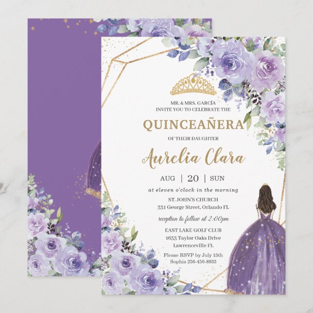 Quinceañera Purple Lavender Floral Gold Princess Invitation (Front/Back)