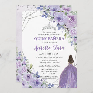 Quinceañera Purple Lavender Floral Silver Princess Invitation