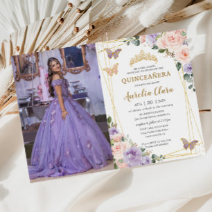 Quinceañera Purple Lilac Blush Floral Butterflies  Invitation