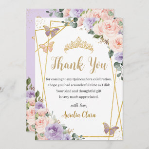 Quinceañera Purple Lilac Blush Floral Butterflies Thank You Card