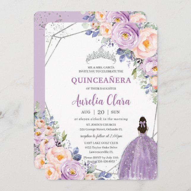Quinceañera Purple Lilac Blush Floral Silver Dress Invitation (Front/Back)