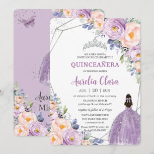 Quinceañera Purple Lilac Blush Floral Silver Dress Invitation