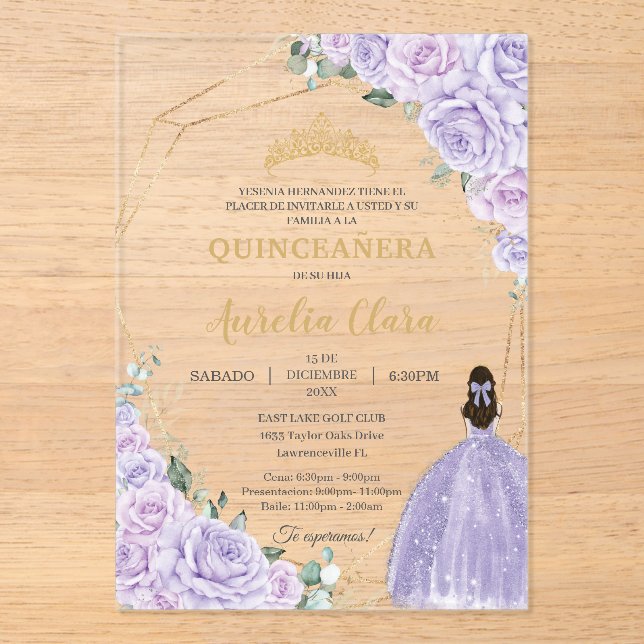 Quinceañera Purple Lilac Floral 15 Años Padrinos Acrylic Invitations (Front)