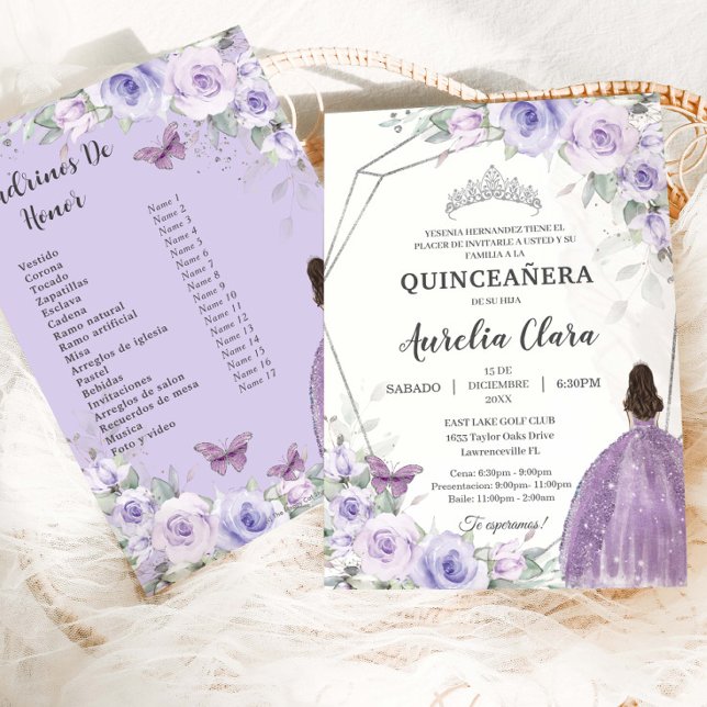 Quinceañera Purple Lilac Floral 15 Años Padrinos Invitation (Creator Uploaded)