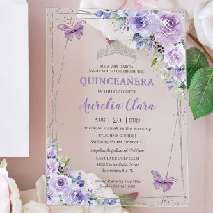 Quinceañera Purple Lilac Floral Butterflies Silver Acrylic Invitations