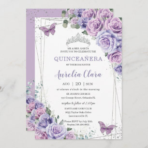 Quinceañera Purple Lilac Floral Butterflies Silver Invitation