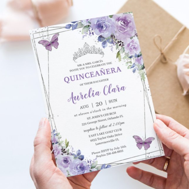 Quinceañera Purple Lilac Floral Butterflies Silver Invitation (Creator Uploaded)