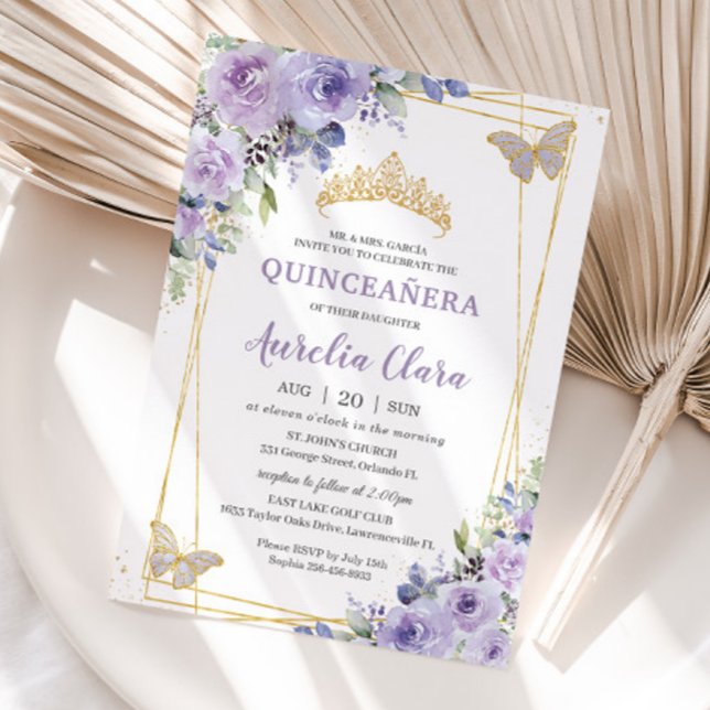 Quinceañera Purple Lilac Floral Butterflies Tiara Invitation (purple-lilac-lavender-floral-butterflies-silver-quinceanera-birthday-sweet-sixteen-invitation-cards)