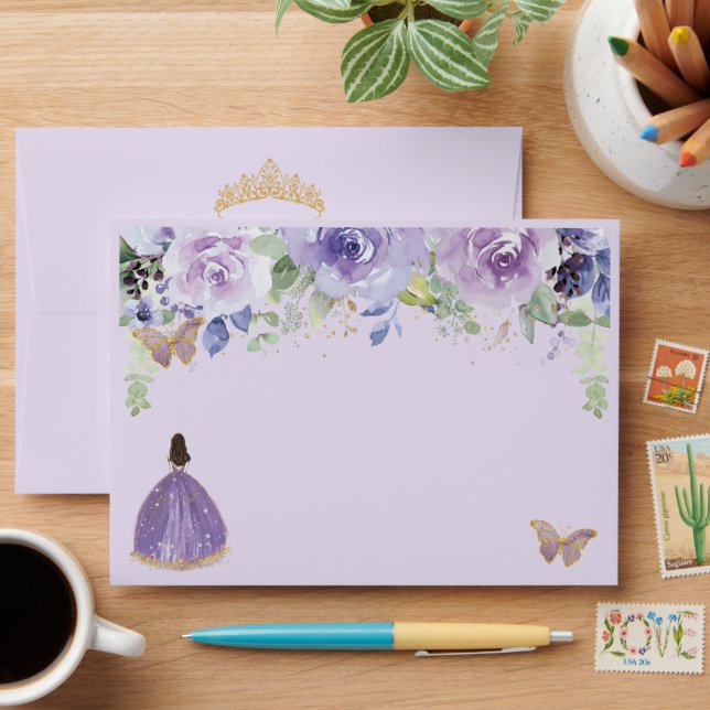 Quinceañera Purple Lilac Floral Gold Butterflies Envelope (Desk)