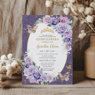 Quinceañera Purple Lilac Floral Gold Butterflies Invitation