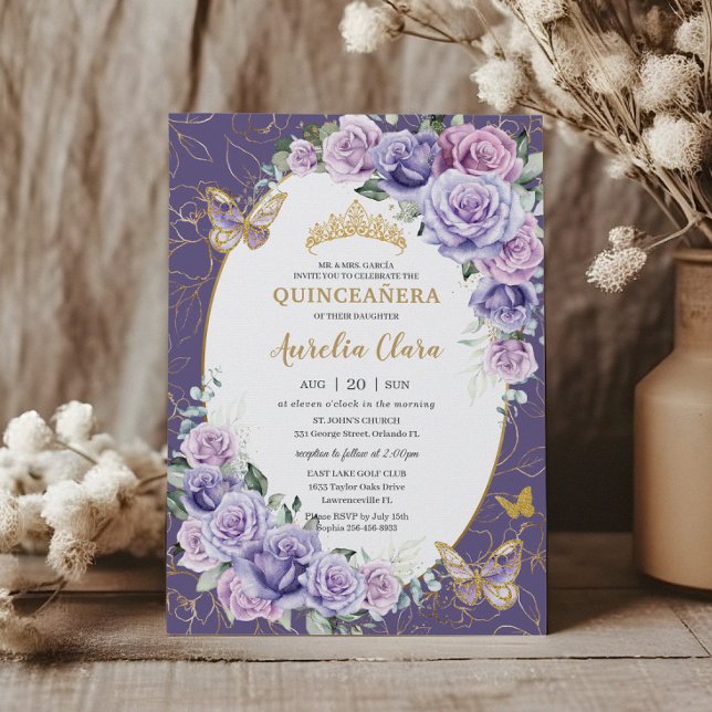 Quinceañera Purple Lilac Floral Gold Butterflies Invitation (Creator Uploaded)