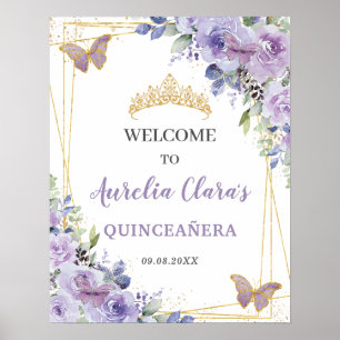 Quinceañera Purple Lilac Floral Gold Butterflies Poster