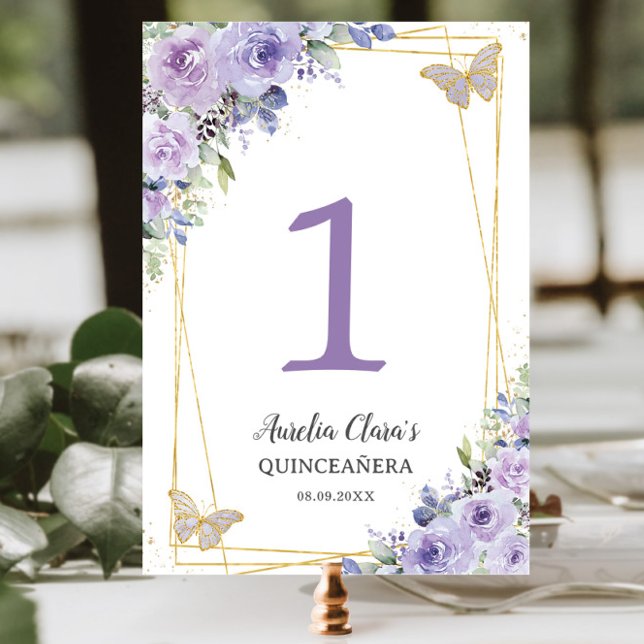 Quinceañera Purple Lilac Floral Gold Butterflies Table Number (Creator Uploaded)