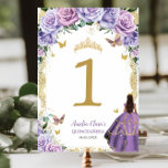 Quinceañera Purple Lilac Floral Gold Girl Dress  Table Number<br><div class="desc">Personalise this lovely table number card with your own wording easily and quickly. Simply click the Edit Using Design Tools button to further edit the text, wording, font style, font size, font colour, add more text, move or remove some images. The butterflies, quince girl and crown are moveable, resizable, multipliable...</div>