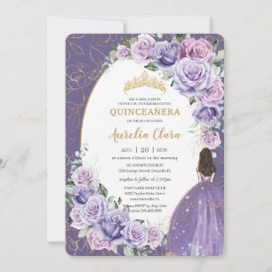 Quinceañera Purple Lilac Floral Gold Princess Invitation